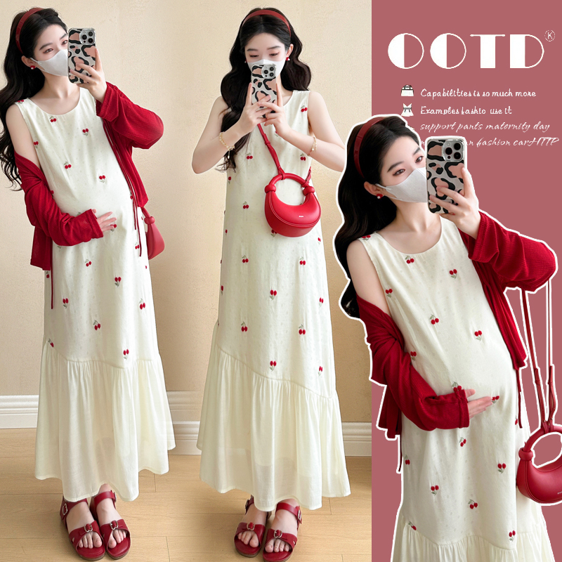孕妇装夏装套装2025新款樱桃刺绣孕妇吊带连衣裙外穿夏天防晒开衫
