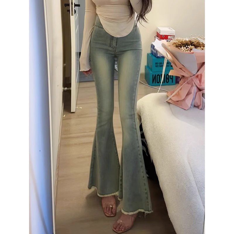 辣妹鱼尾喇叭新款小个子高腰牛仔裤显瘦弹力拖地长裤子微喇牛仔裤