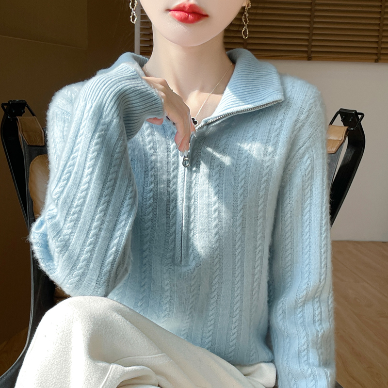 秋冬新款100%羊毛衫厚款半拉链翻领针织衫女时尚设计感慵懒风毛衣