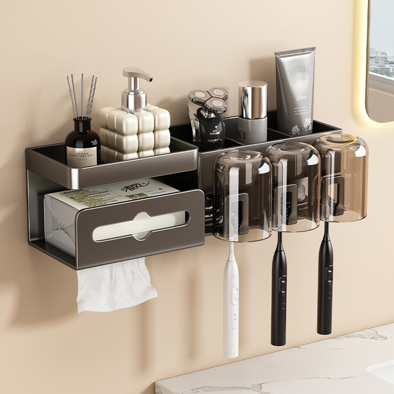 优勤牙刷架浴室置物架卫生间壁挂多功能牙杯纸巾支架一体收纳架