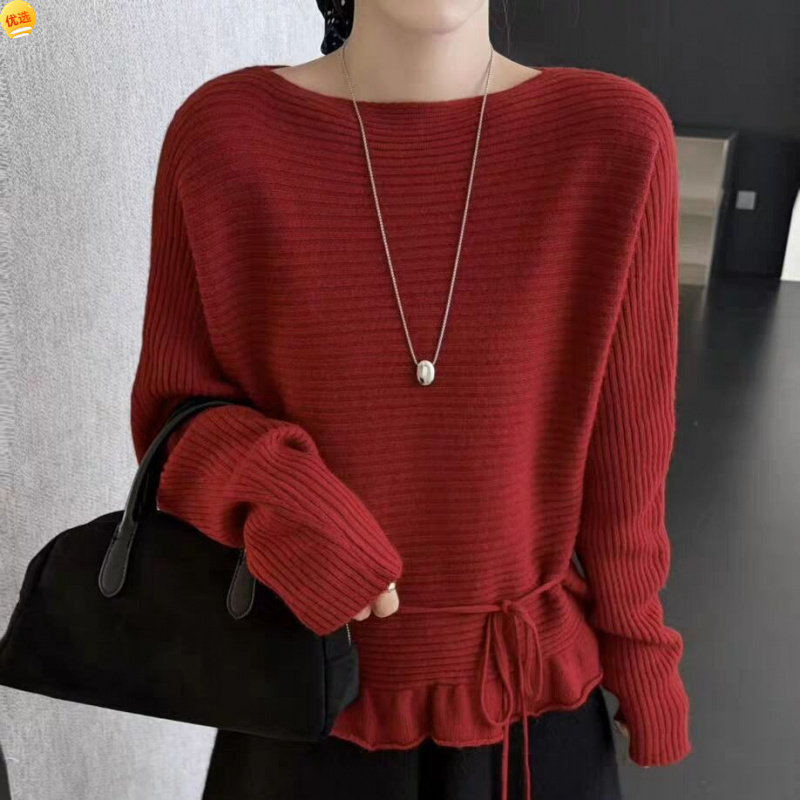 荷叶边系带浣熊绒针织衫女欧洲站冬装新款欧货女装打底小衫潮