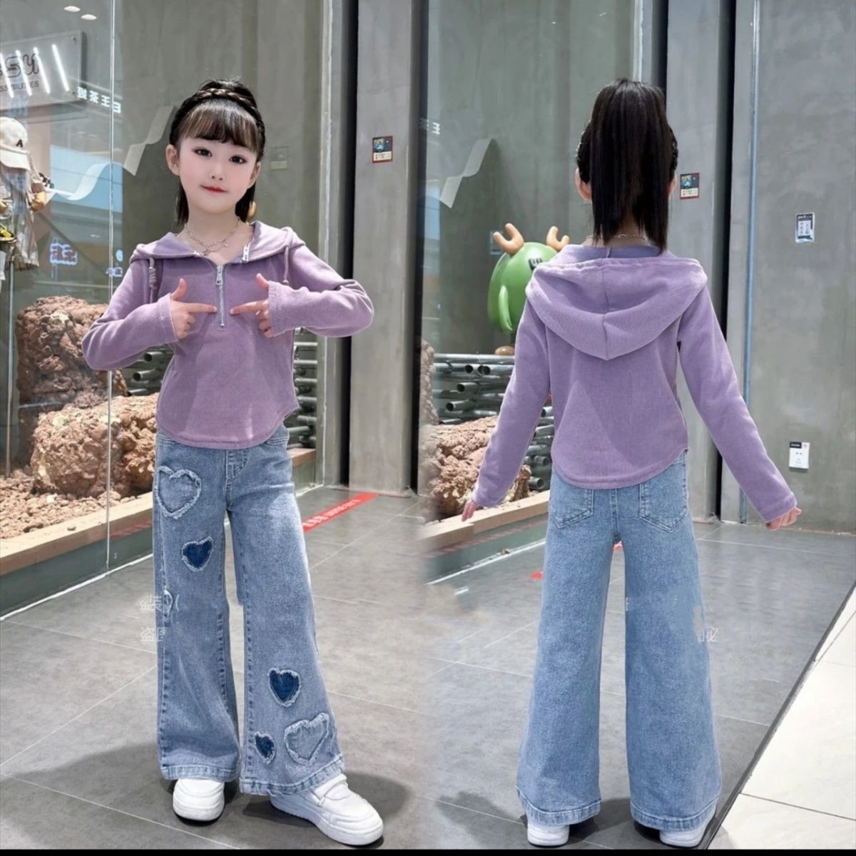 女童秋装套装2025新款时髦洋气女孩连帽上衣春秋大童阔腿裤两件套