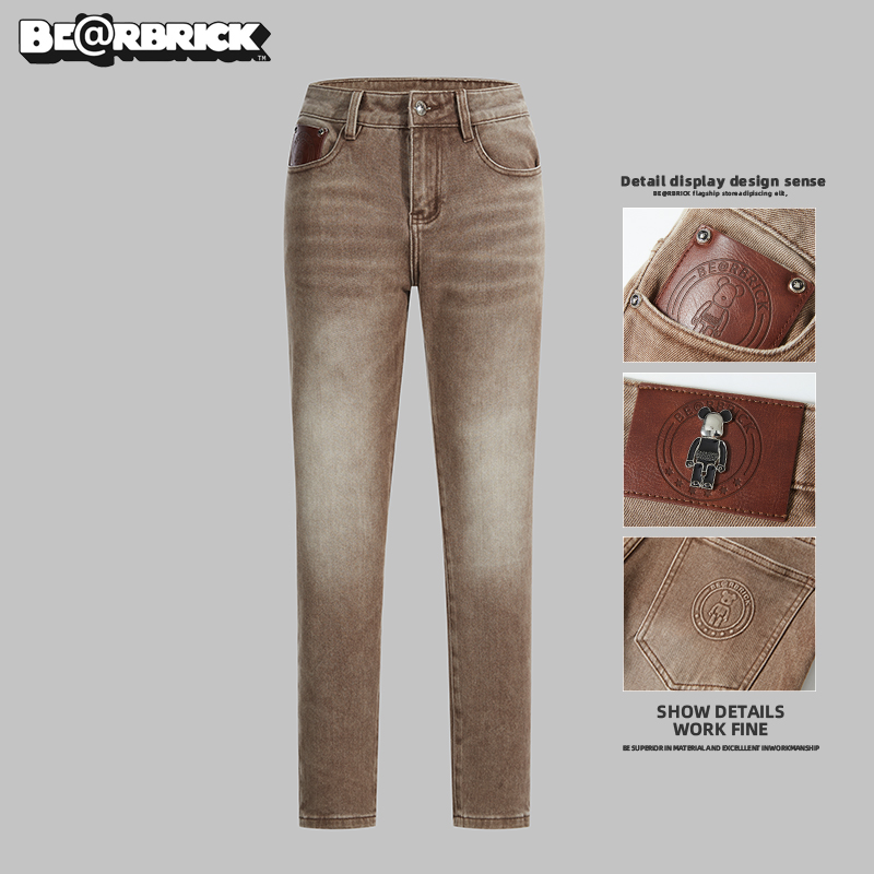 Be@rbrick积木熊【明星同款】秋季卡其棕色男士牛仔裤弹力修身长裤