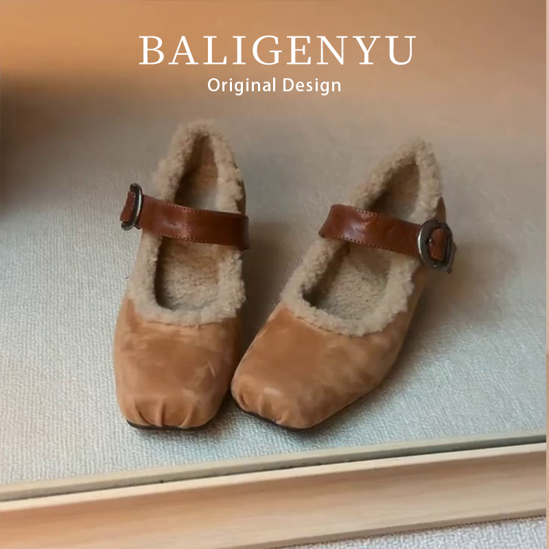 法式方头冬季玛丽珍鞋5.5cm内增高猪鼻精致加绒保暖浅口毛毛鞋