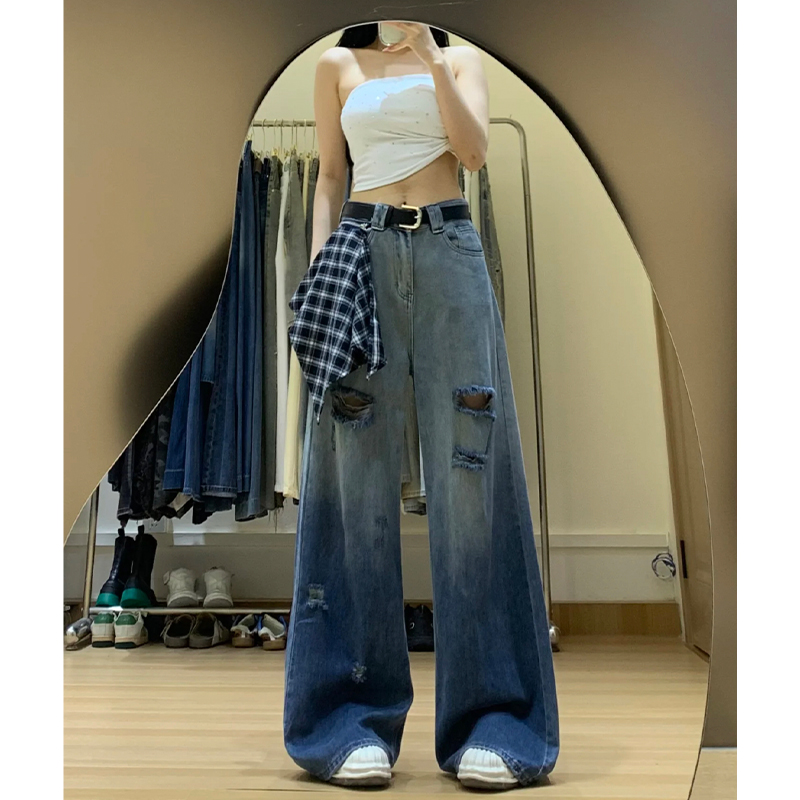 渐变色高腰破洞牛仔裤女秋新款格纹拼接设计感美式高街宽松直筒裤