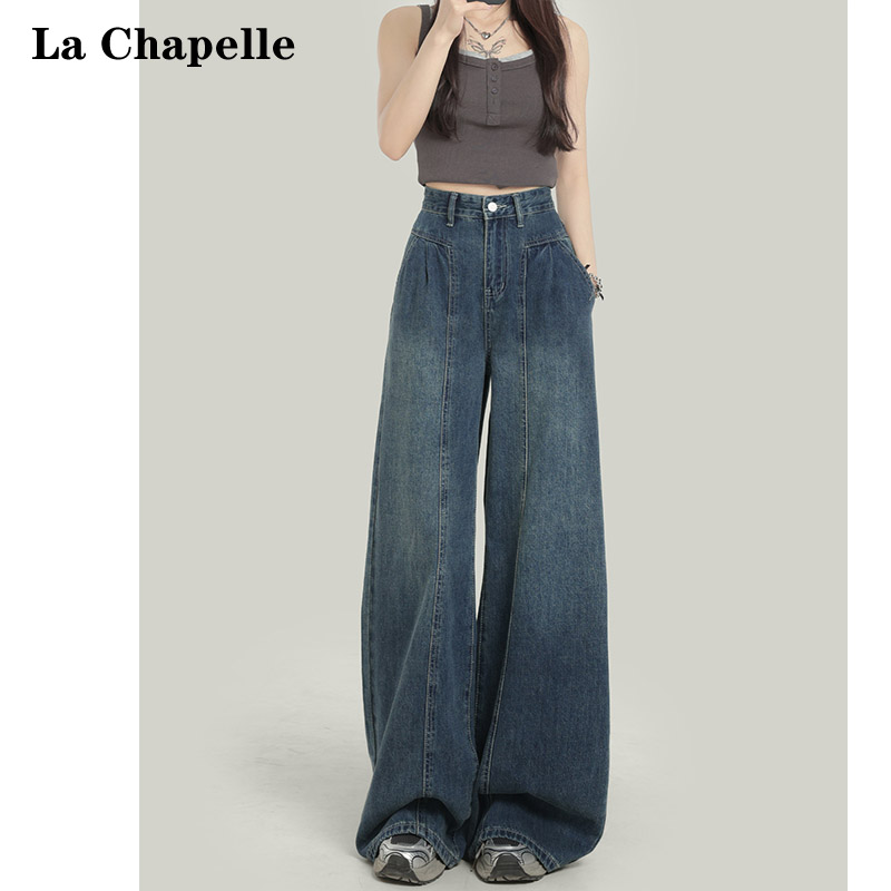 拉夏贝尔复古阔腿牛仔裤女2025早秋新款高腰收腰宽松显瘦垂感裤子