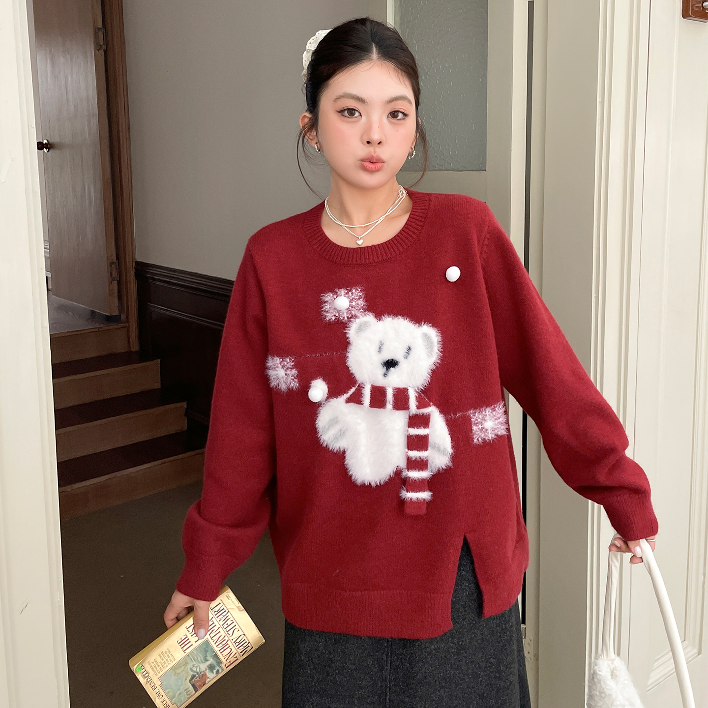 大码初冬装独特漂亮减龄款毛衣女胖妹妹mm正肩显瘦遮肉针织衫上衣
