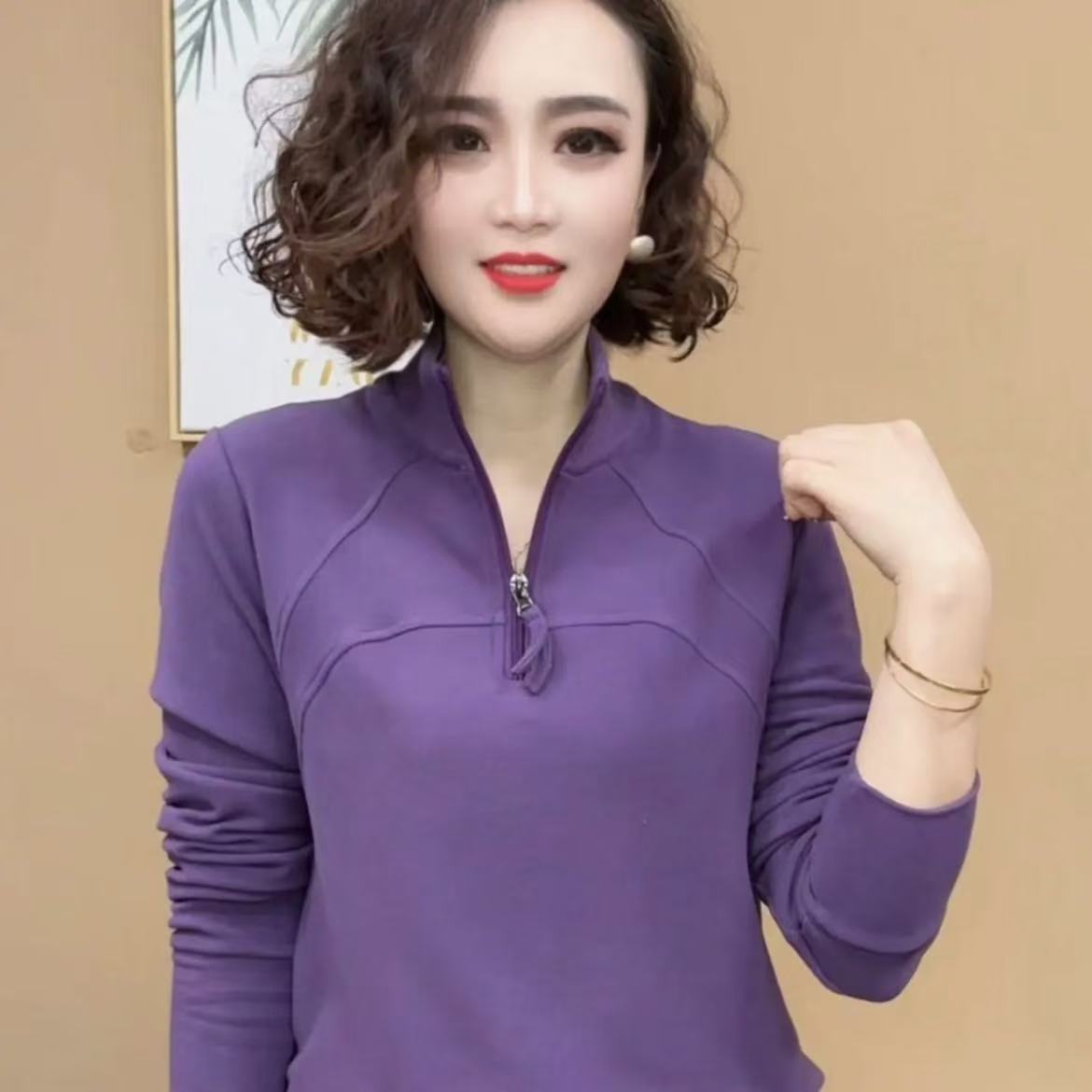 新款女士上衣时尚百搭修身显瘦气质双面绒保暖半拉链纯色打底小衫