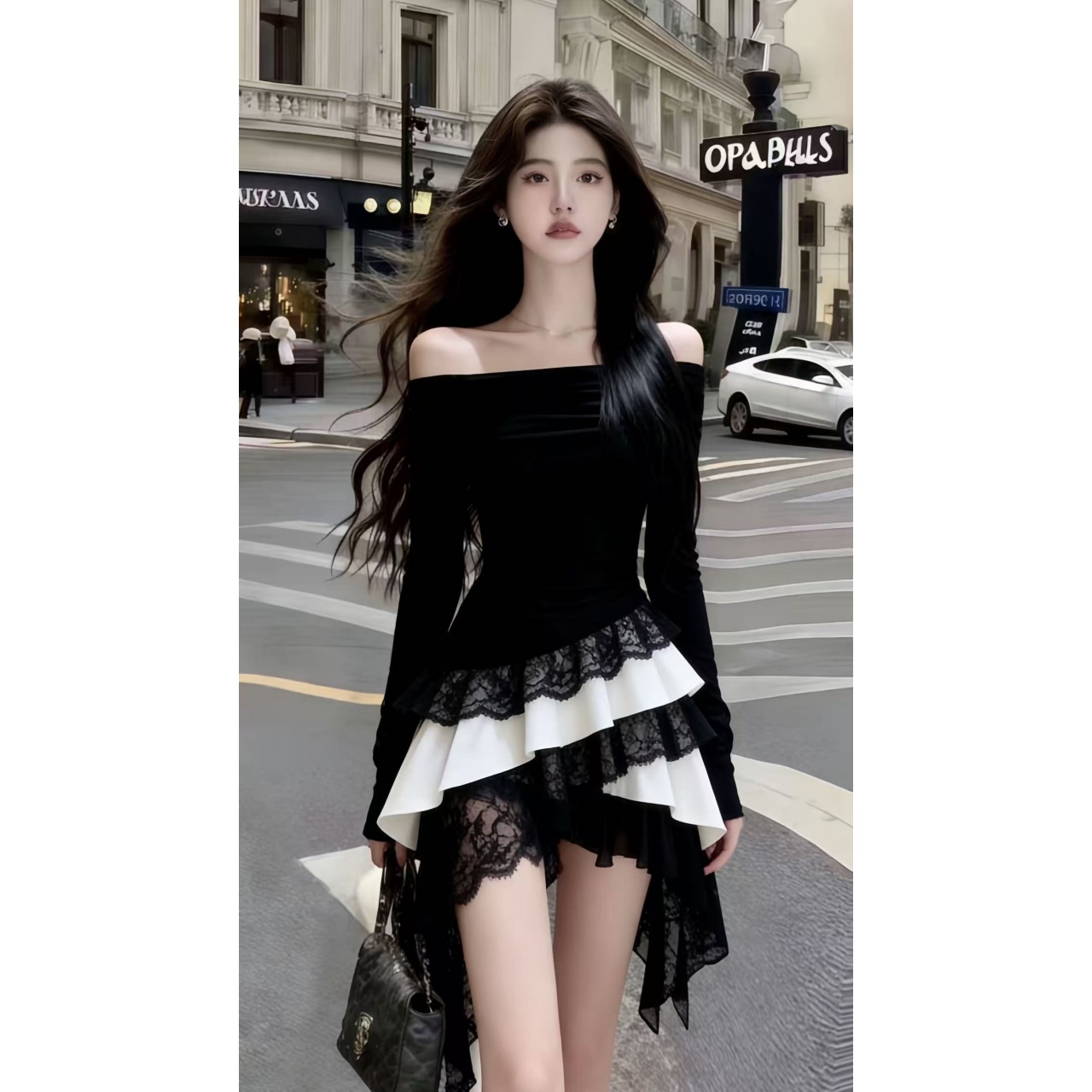 2025秋冬季轻奢复古时尚黑色一字肩露肩长袖收腰拼接蕾丝边连衣裙