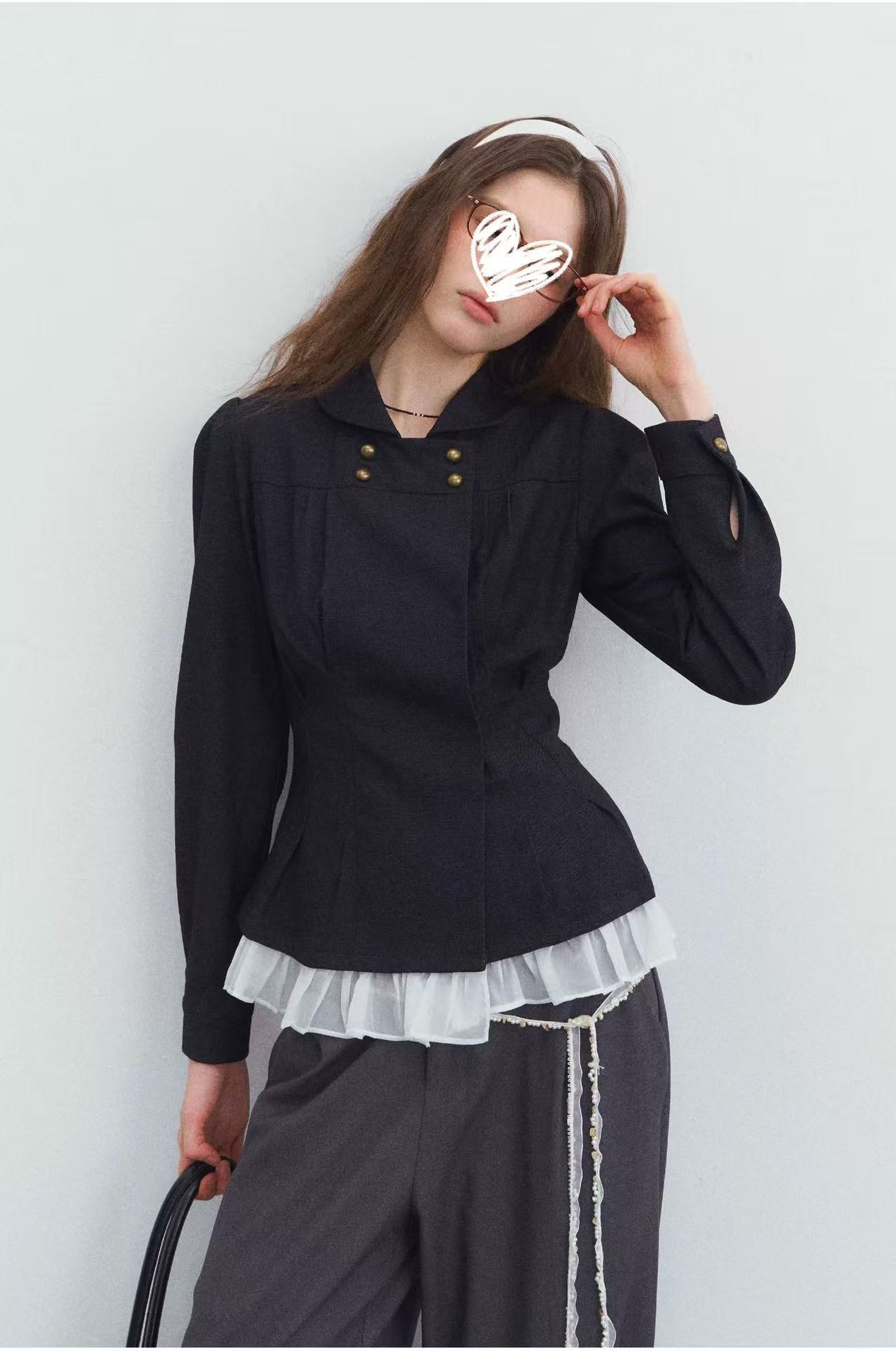 “无可替代”双排扣牛仔打褶收腰衬衫通勤上衣外套