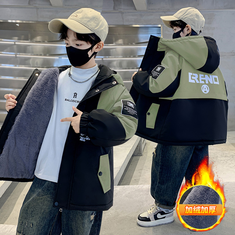 男童加绒加厚外套2026新款儿童棉衣男孩秋冬装大童派克服冬季棉服