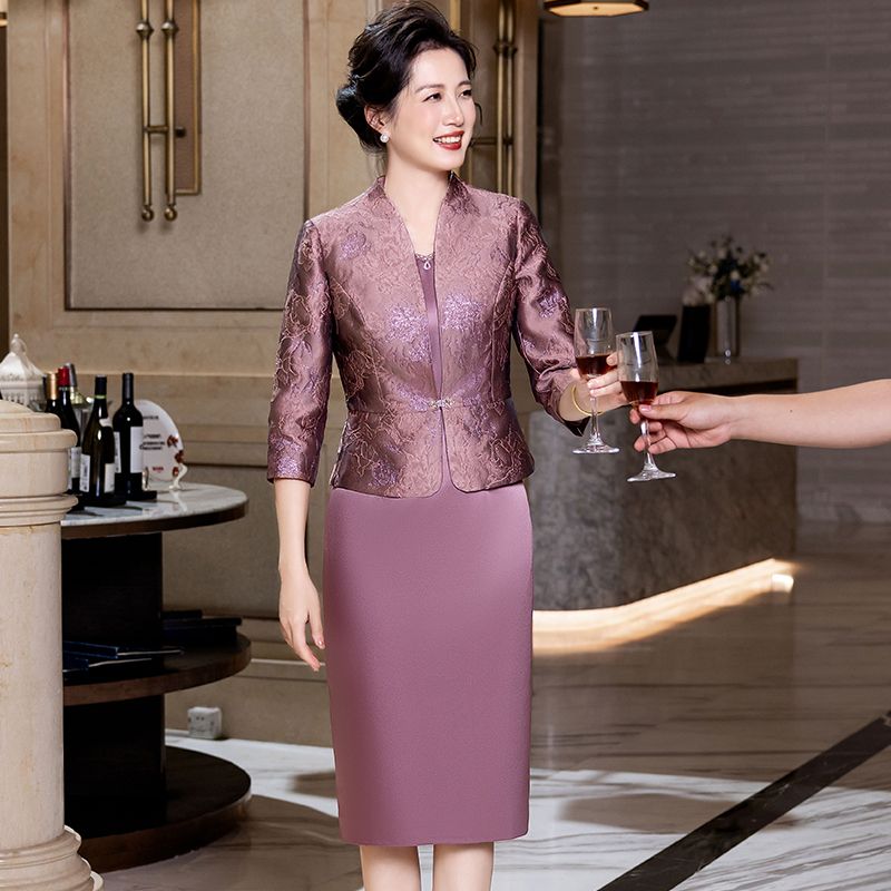 婚宴喜婆婆紫色两件套礼服2025秋季新款高级感修身中老年妈妈套装