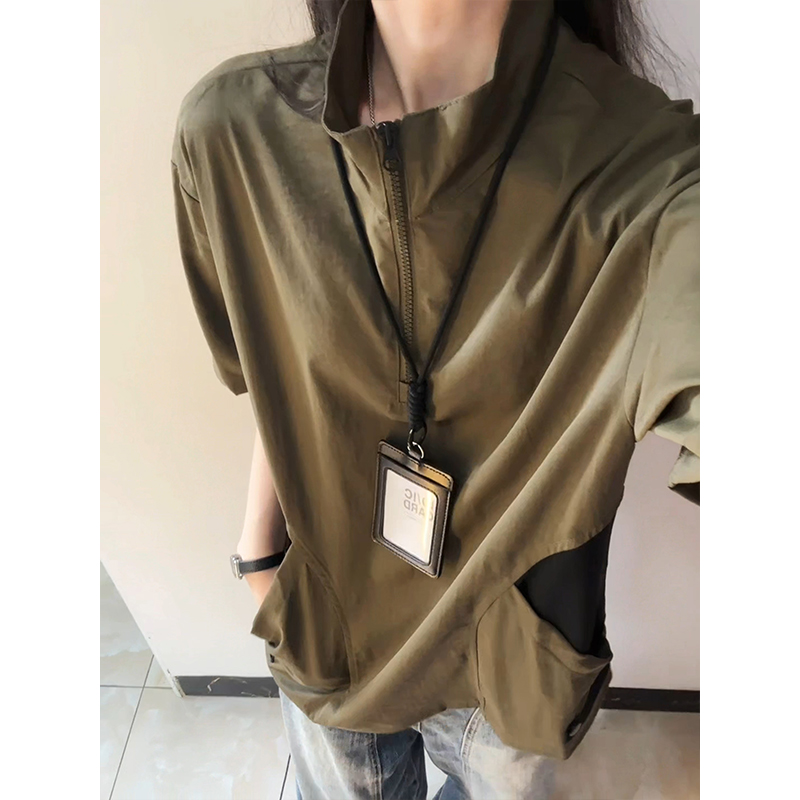 半拉链美式短袖男款夏季薄款透气户外休闲运动T恤立领半袖POLO衫