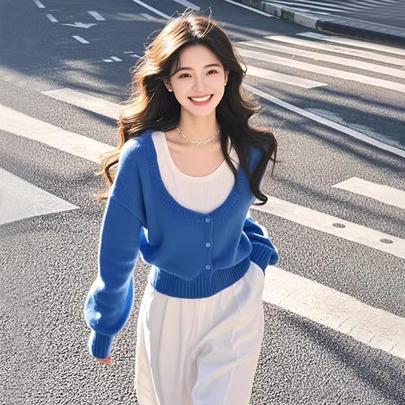 7571慵懒风蓝色毛衣外套女秋冬季2025新款内搭打底假两件针织衫