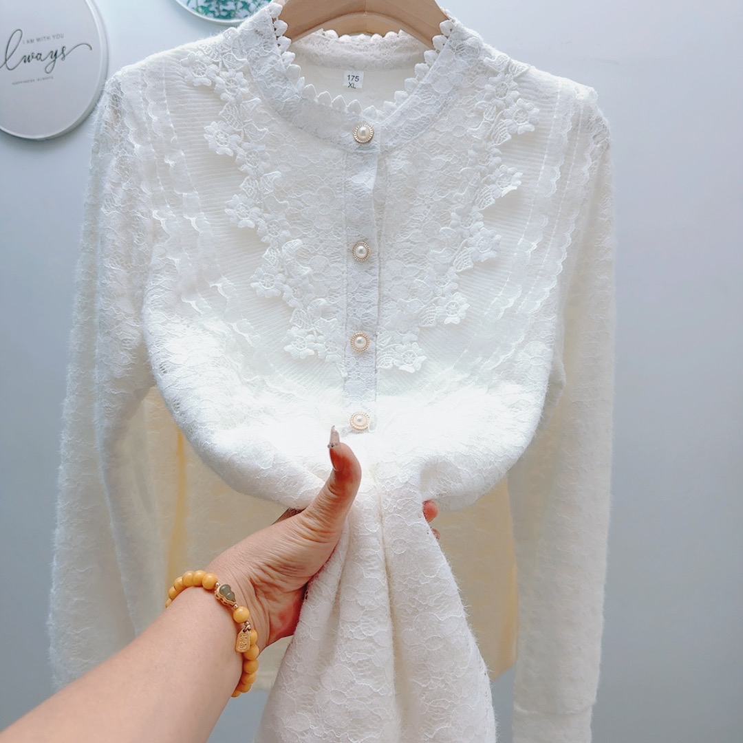 木耳领网纱加绒蕾丝打底衫内搭宽松衬衫秋冬显瘦遮肉外穿小衫衬衣