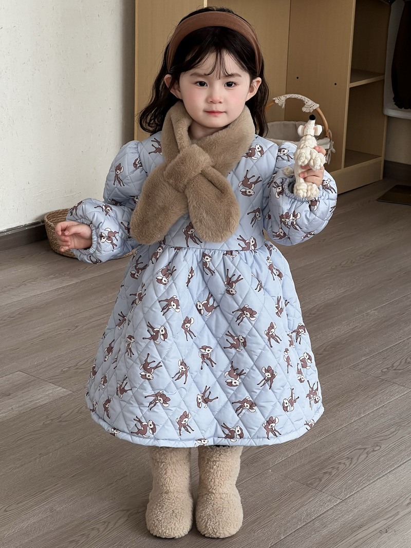 秋冬新款女童印花卡通裥棉菱形加厚连衣裙配毛毛围脖保暖儿童棉裙