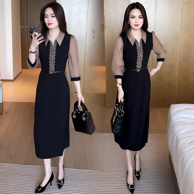 时尚雪纺连衣裙女2025夏季新款洋气显瘦收腰遮肉中长款假两件裙子