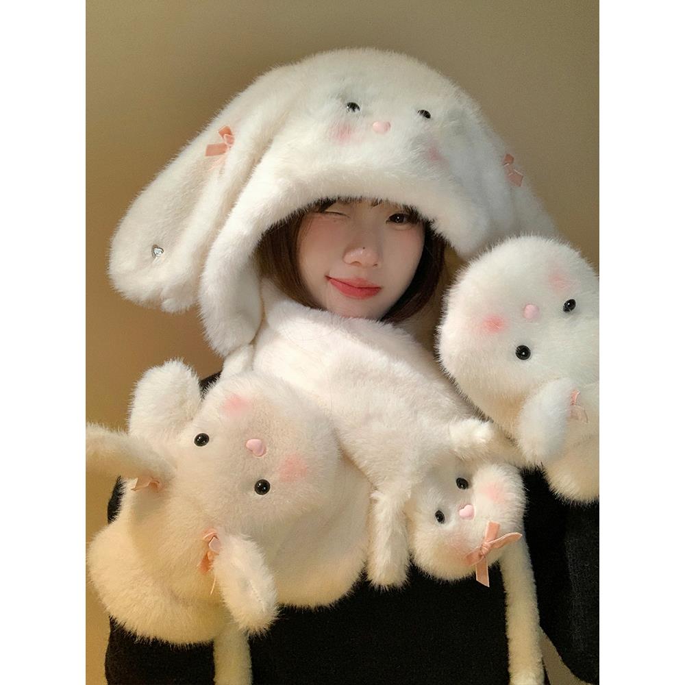 俏皮的卡通兔子耳朵女士冬季毛绒保暖防寒女生帽冬季可爱毛绒围巾