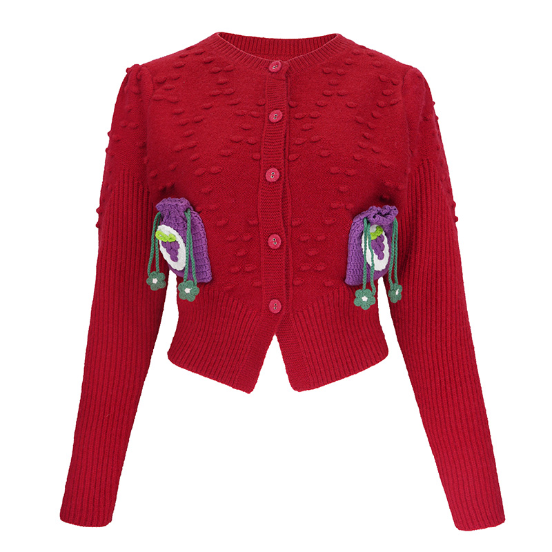 JUNGLE ME小香风针织开衫圆领短款秋冬百搭时尚外套复古红色长袖