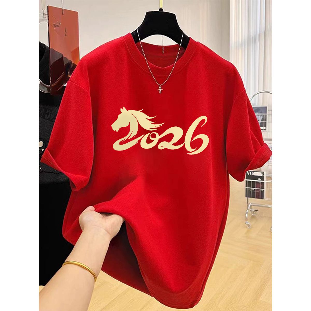 特大码300斤中国风马年红色短袖纯棉t恤男本命年新年喜庆休闲上衣