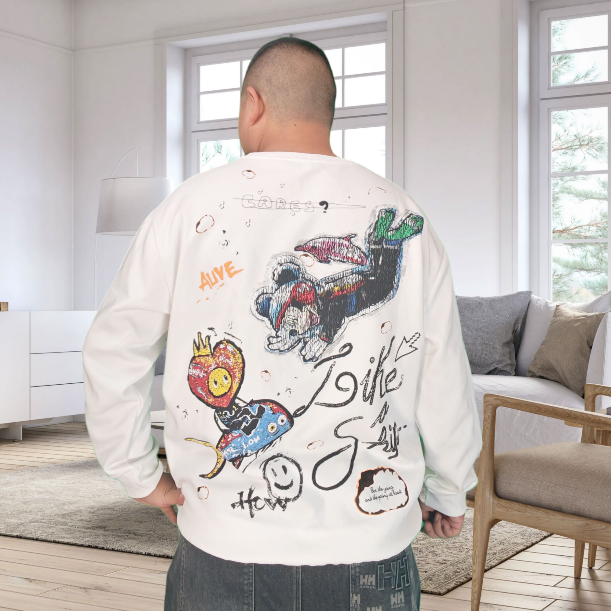 秋季新款男士宽松大码圆领卫衣美式ins风卡通潮牌宽松卫衣300斤穿