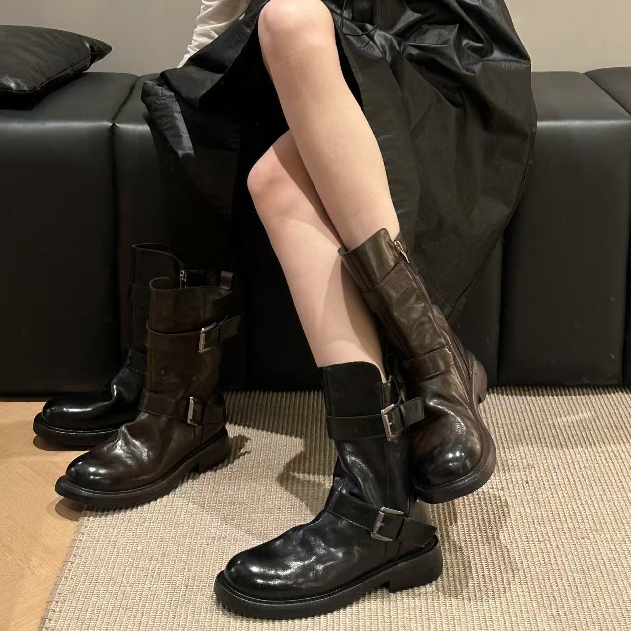 H55-《长/短款》手抓纹沁色油蜡质感｜重工骑士靴4cm59-2880-RD