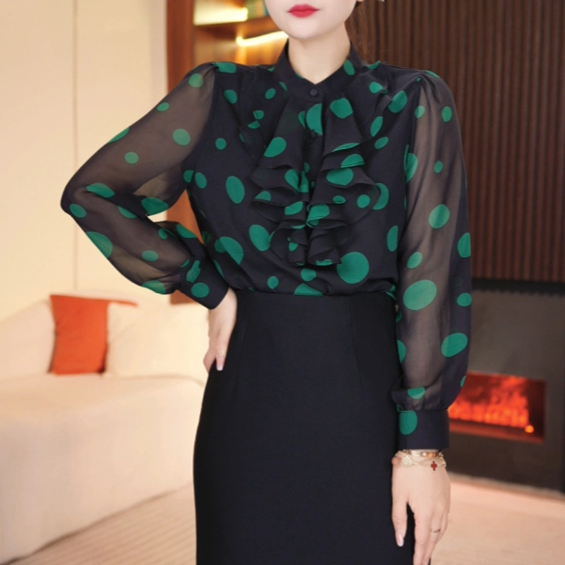 2025早春新款绿色波点长袖立领百搭时尚气质显瘦衬衫
