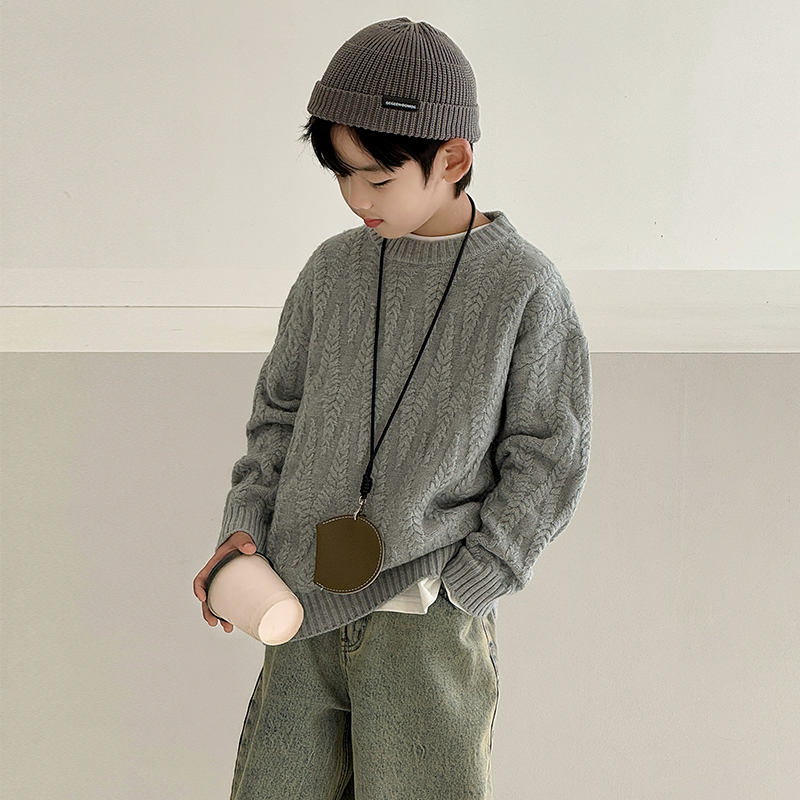 2025秋冬新品男童加厚纯色毛衣慵懒风麻花纹套衣灰色针织百搭头毛