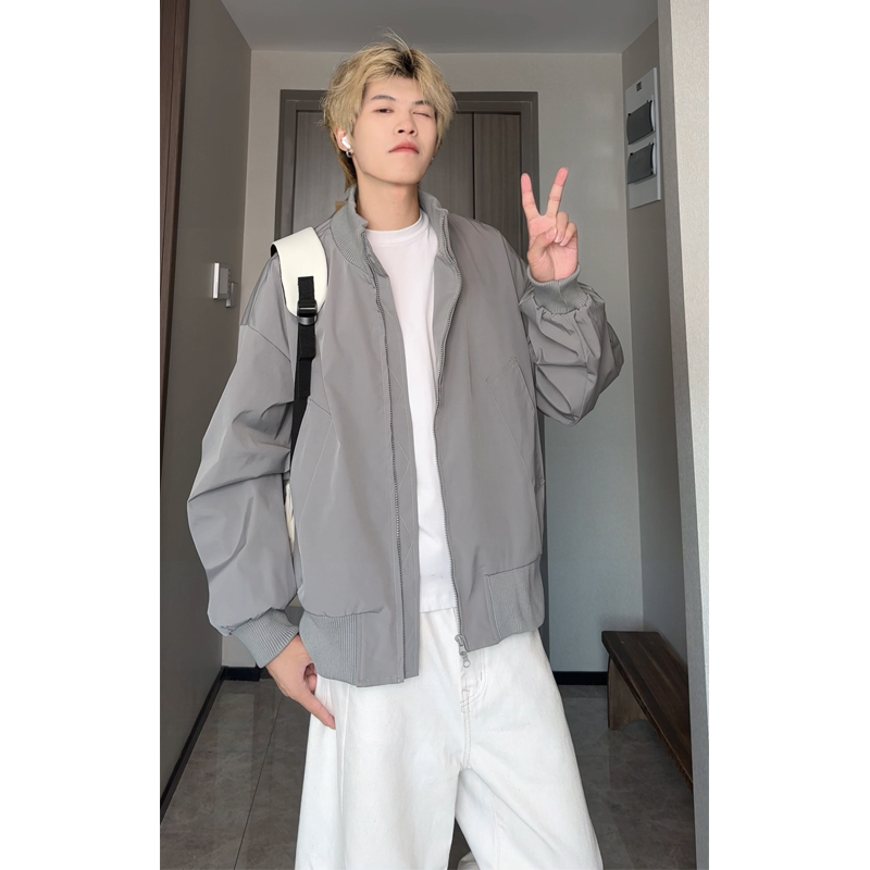 纯色复古美式短款飞行夹克男士初秋穿搭高街立领cleanfit工装外套