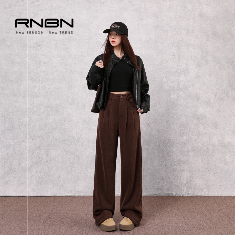 RNBN新款灯芯绒弹力阔腿裤高腰宽松显瘦褶皱百搭休闲裤