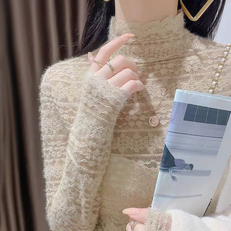 【欧加粒粒】新款时尚百搭长袖立领拉毛蕾丝打底衫  T508