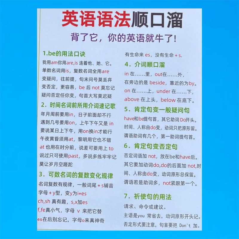 3-9年级英语语法顺口溜提高学习效率速记巩固复习知识专项益智卡