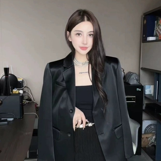 女士缎面醋酸黑色西装外套女气质名媛御姐高级感春季2025新款韩版