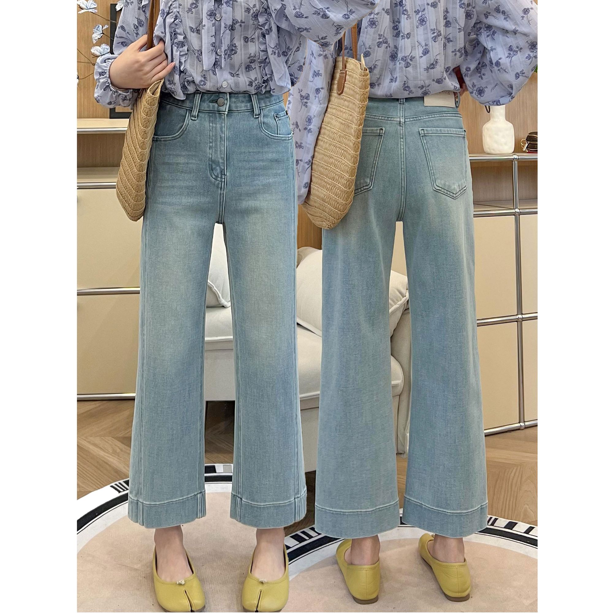 春季爆款浅色窄版阔腿牛仔裤女大码梨型身材小个子显瘦直筒法棍裤