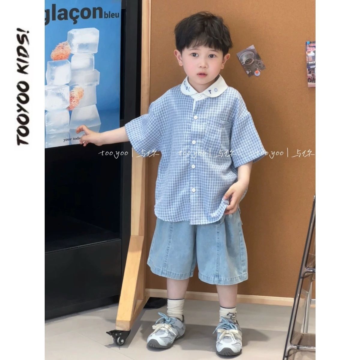 男童套装夏季新款童装洋气格子衬衫百搭涂鸦屁帘牛仔裤两件套 BB