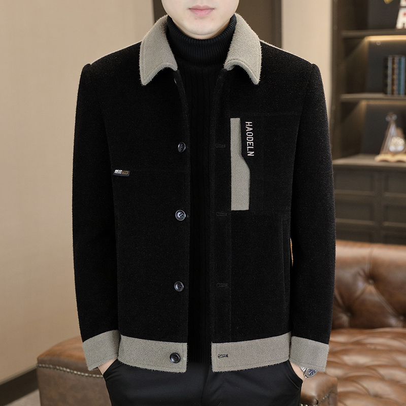 柒一2025年新款休闲翻领秋冬季轻奢拼色高档毛呢外套网红洋气男装