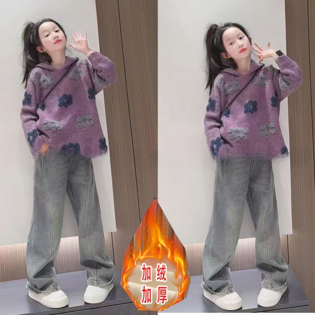 女童秋冬季毛衣中大童超好看提花针织衫儿童装洋气连帽上衣打底衫