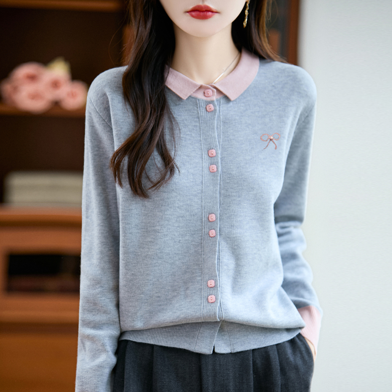 蝴蝶双扣拼色精纺羊毛长袖针织衫秋款宽松外搭毛针织开衫