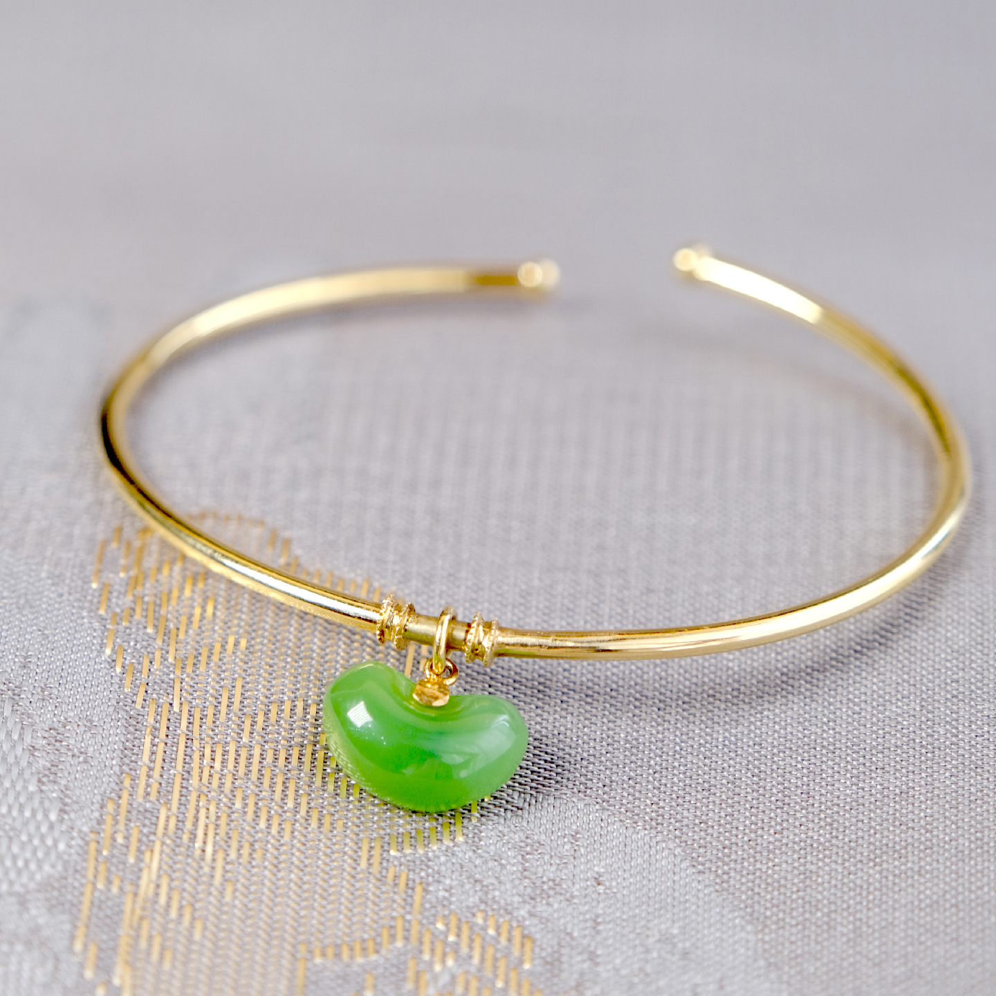 天然和田玉碧玉如意18k金空心手镯开口镯