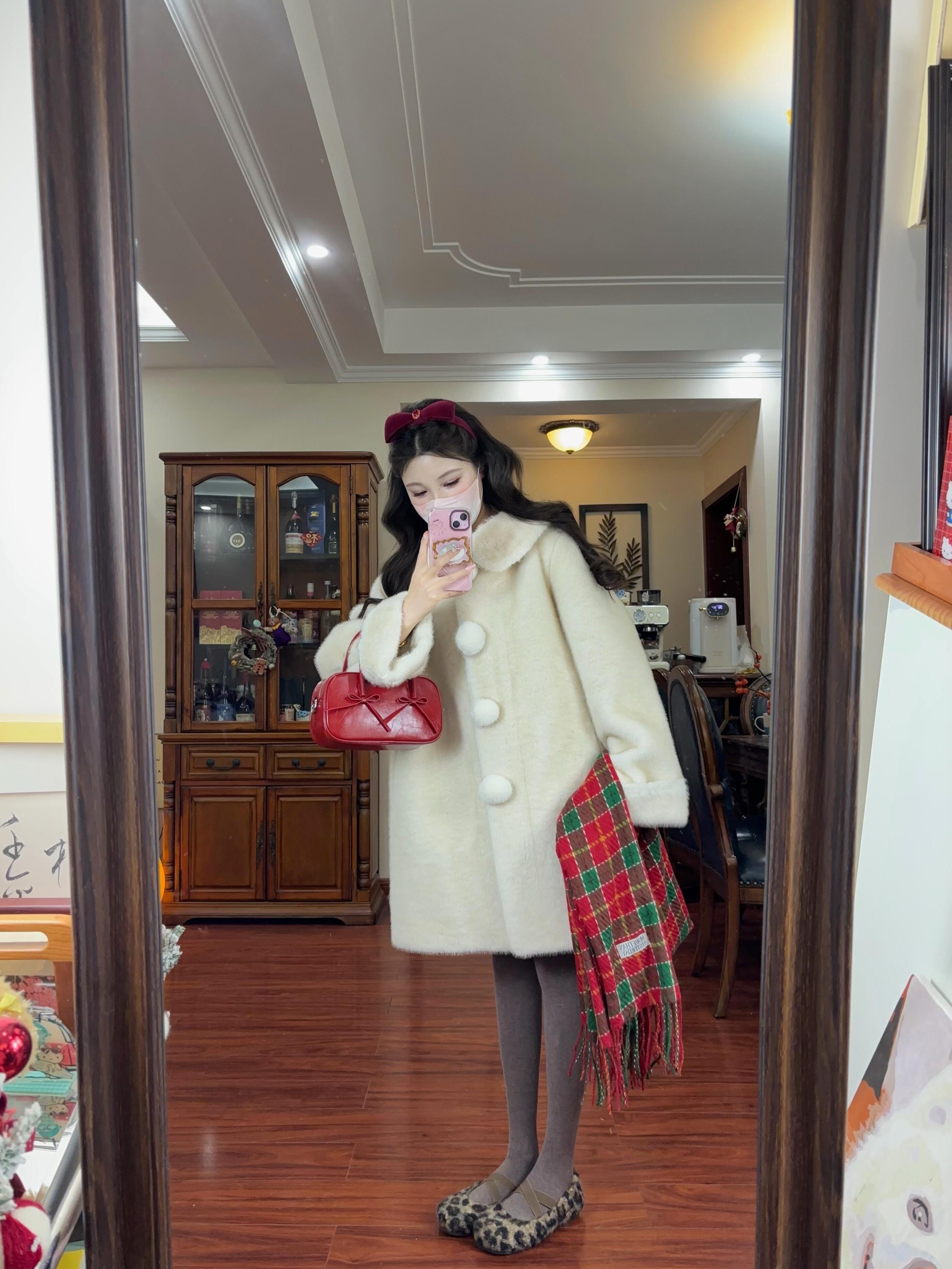 人造皮草 高级感毛毛大衣女中古雪球中长款翻领大衣