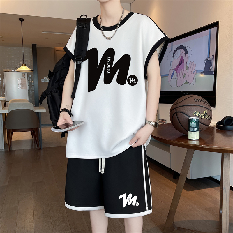 运动休闲套装男生初中生冰丝无袖t恤青少年大童夏装坎肩背心上衣