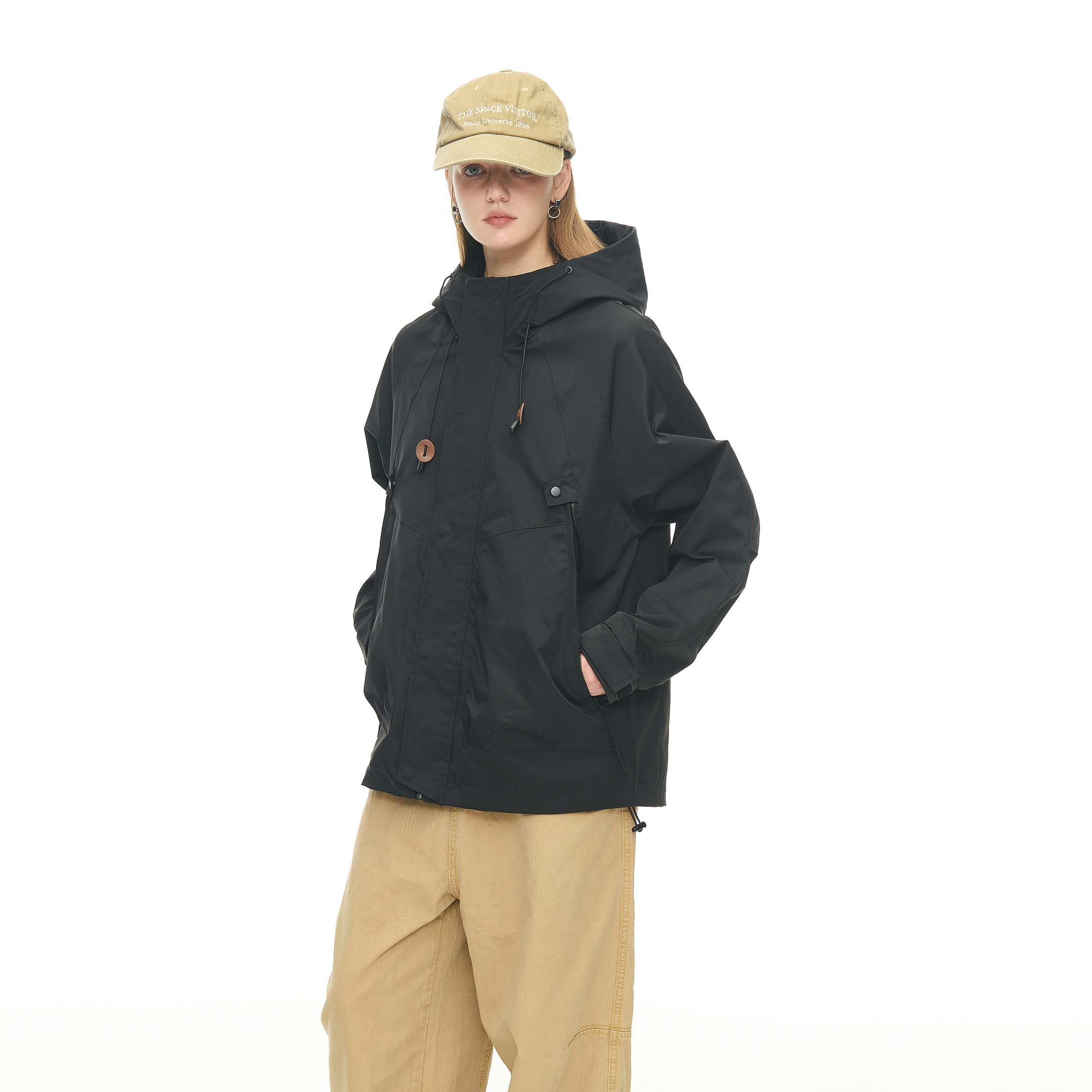 美式潮牌连帽冲锋衣外套女秋季新款宽松户外运动休闲情侣工装夹克