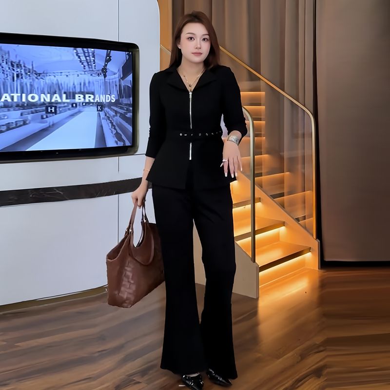 花菜微胖定制职场套装女胖mm秋冬新款宽松显瘦加厚外套上衣微喇裤