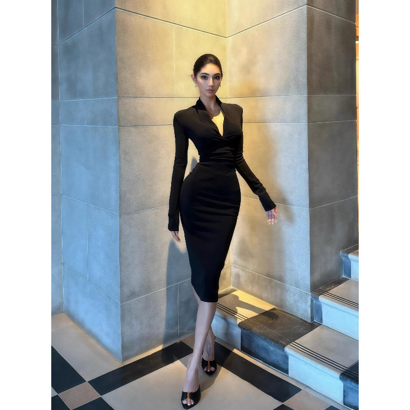 性感辣妹风V领长袖连衣裙女秋季新款褶皱修身显瘦高级感包臀裙