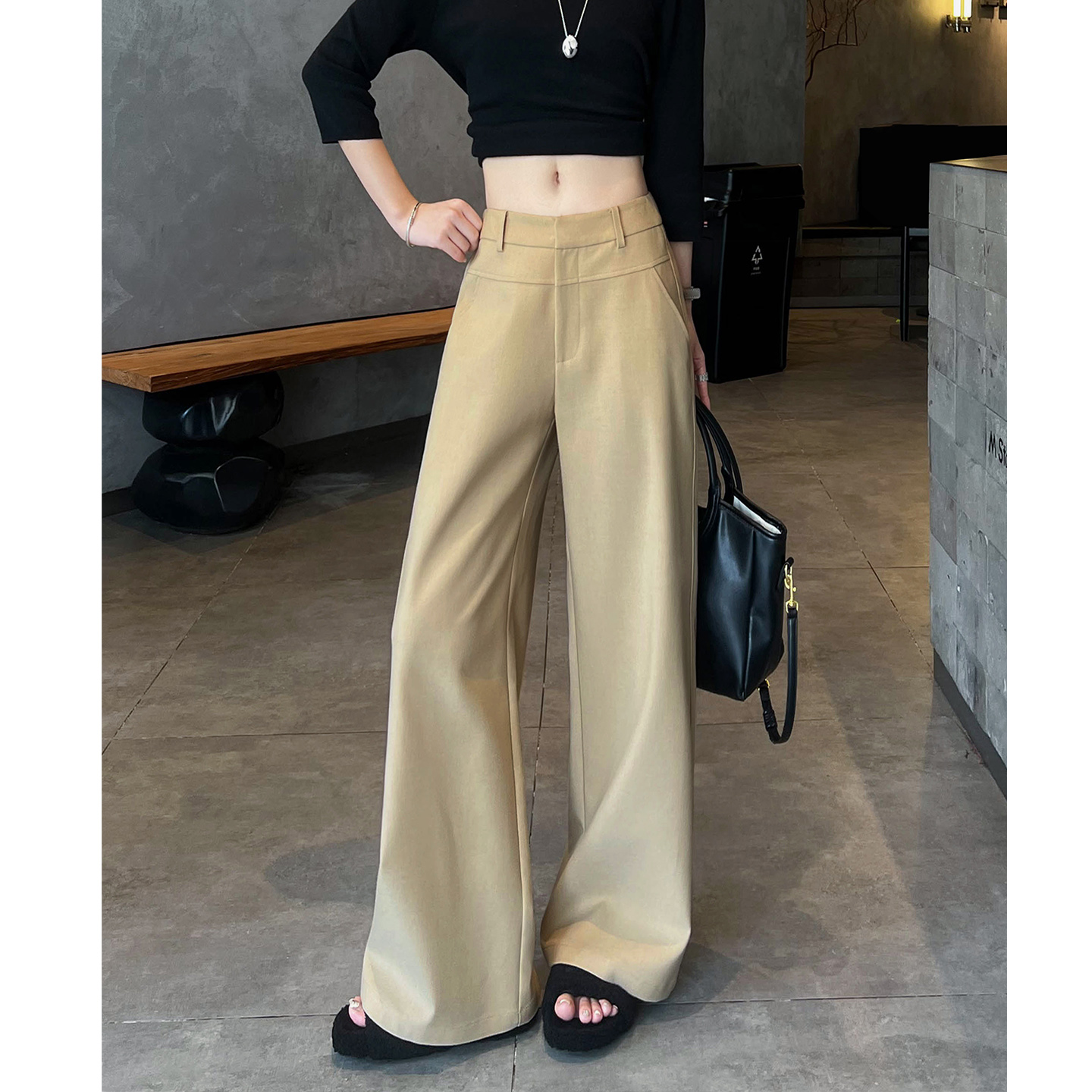 雅痞老钱|拉夫美学 2025新款极简复古卡其色休闲裤宽松直筒裤女