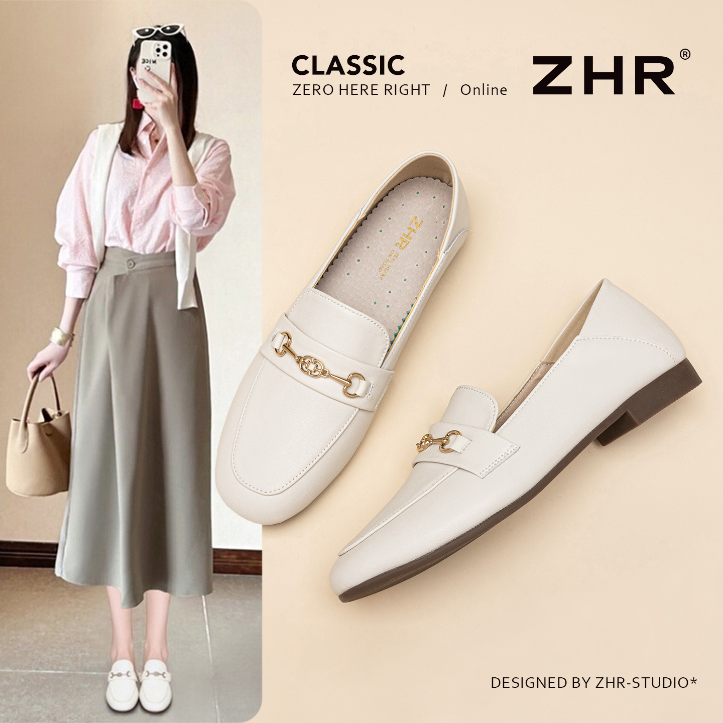 ZHR/则则真皮乐福鞋2025春秋季新款气质平底单鞋一脚蹬豆豆小皮鞋