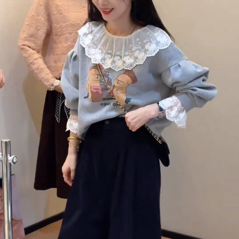 蕾丝边娃娃领设计感卫衣女士2025秋冬新款宽松印花设计感慵懒上衣