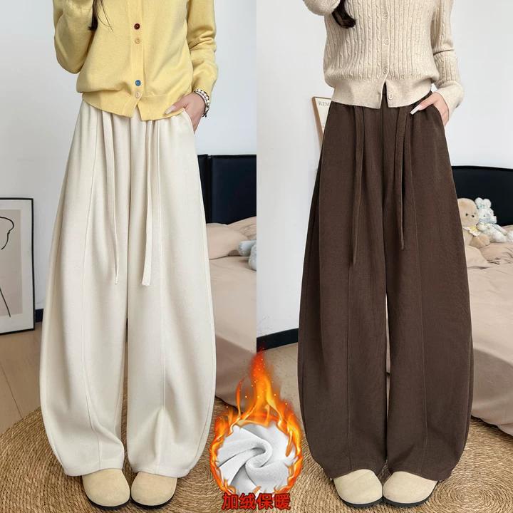 欧棉绒加绒阔腿裤秋冬新款雪尼尔弯刀裤女美式高腰宽松中线阔腿裤