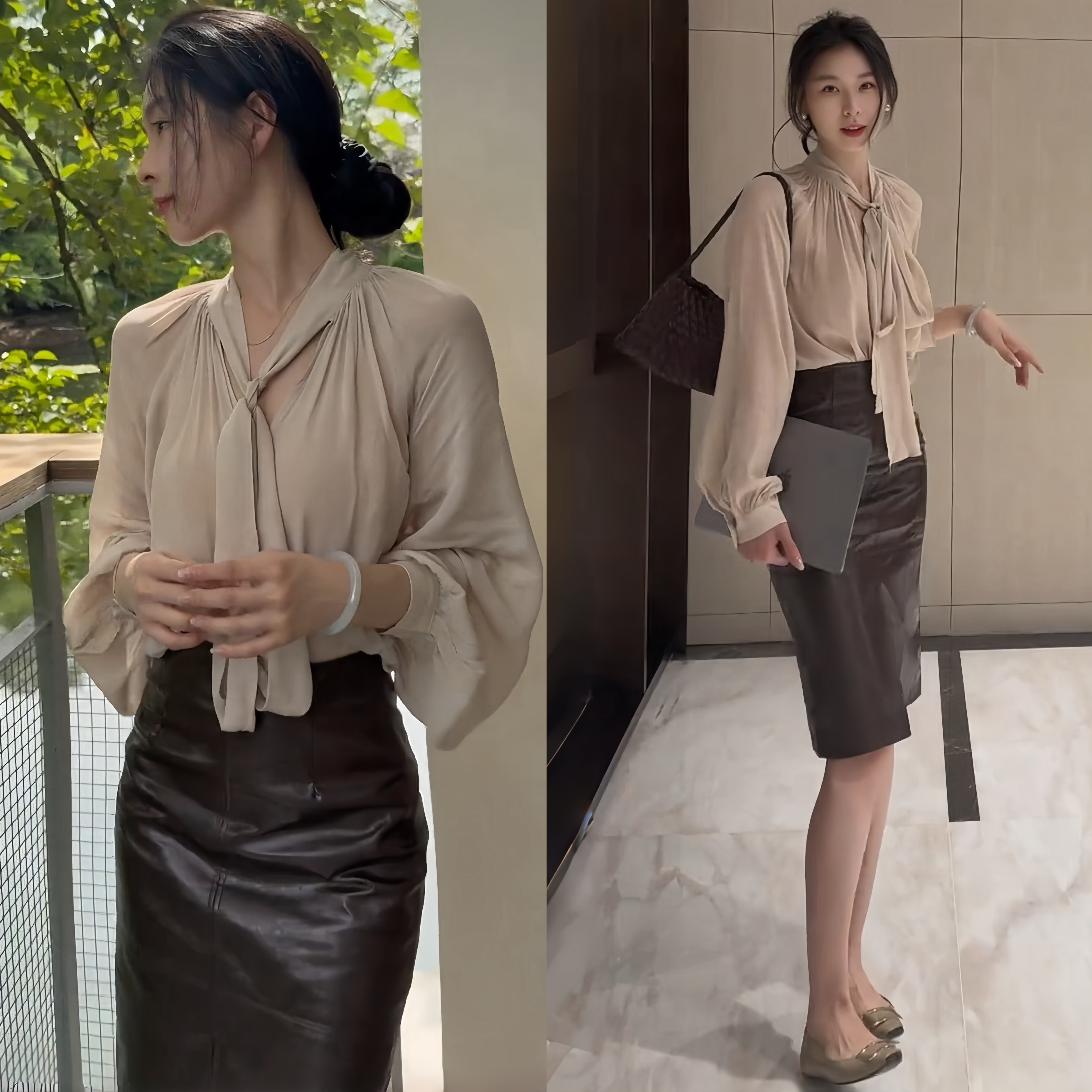 2025秋冬新款轻奢老钱风高级感飘带修身衬衫百搭开衩半身皮裙套装