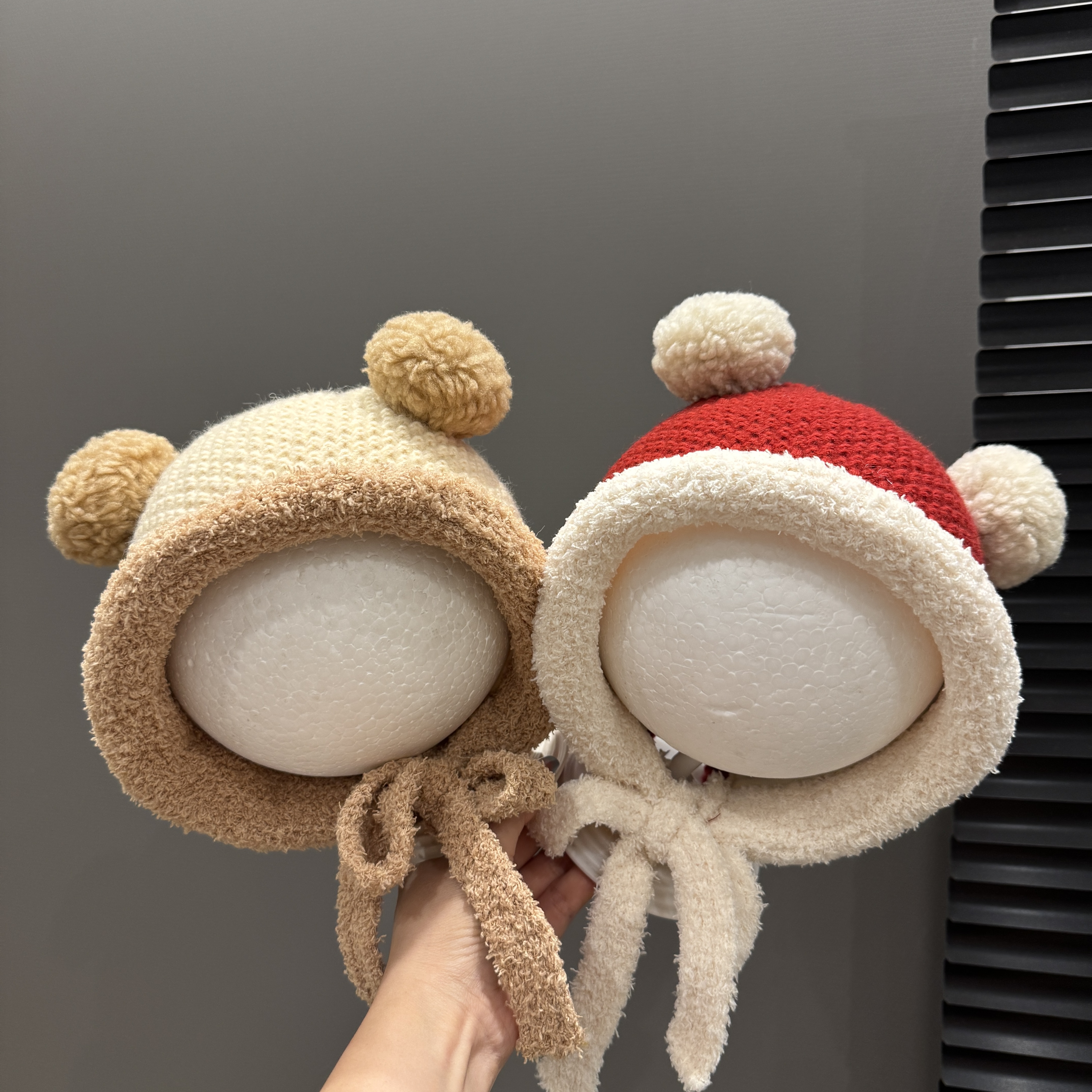 MIDIXIN/米迪昕婴幼儿加厚针织帽可爱双球毛线帽小宝宝系带护耳帽